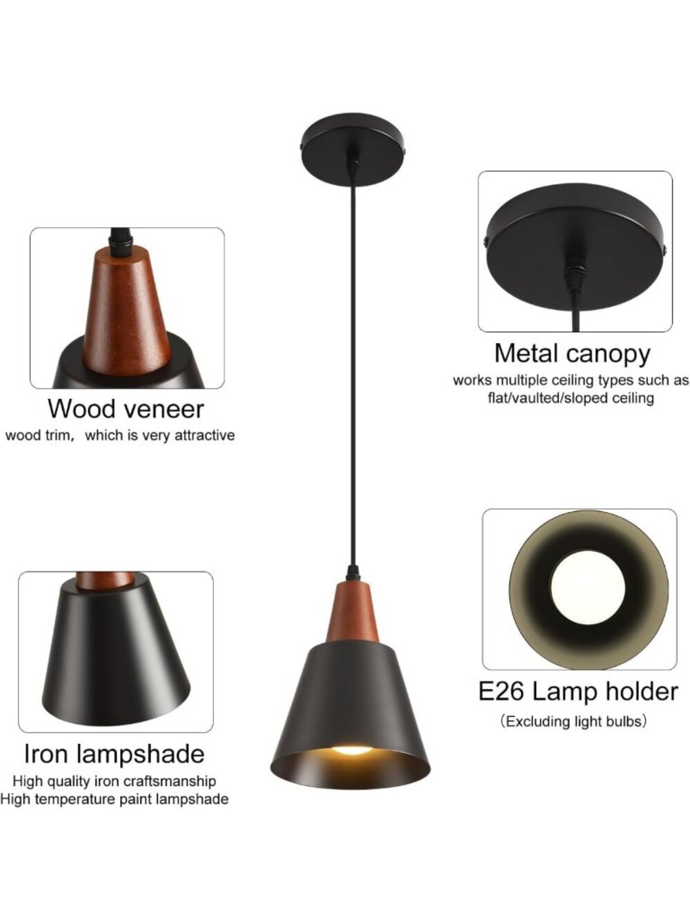 3 Pack Black Pendant Lights - Minimalist Industrial Ceiling Fixtures for Kitchen - Picture 7 of 8
